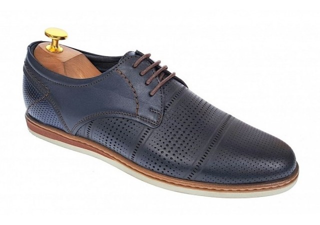 Pantofi barbati eleganti din piele naturala cu perforatii, bleumarin - SIR213GBL